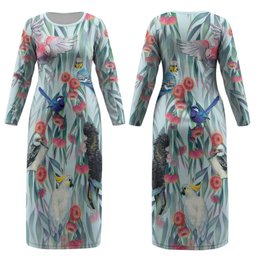 National Bird Week - Aussie Birds on Eucalyptus Couples Matching Long Sleeve Bodycon Dress and Long Sleeve Button Shirt Sky Blue