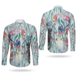 National Bird Week - Aussie Birds on Eucalyptus Couples Matching Puletasi and Long Sleeve Button Shirt Sky Blue