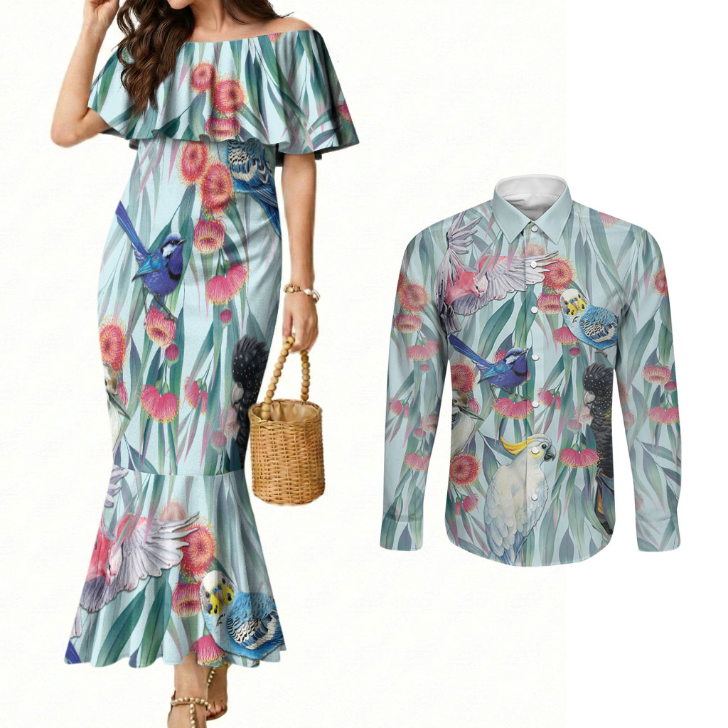 National Bird Week - Aussie Birds on Eucalyptus Couples Matching Mermaid Dress and Long Sleeve Button Shirt Sky Blue