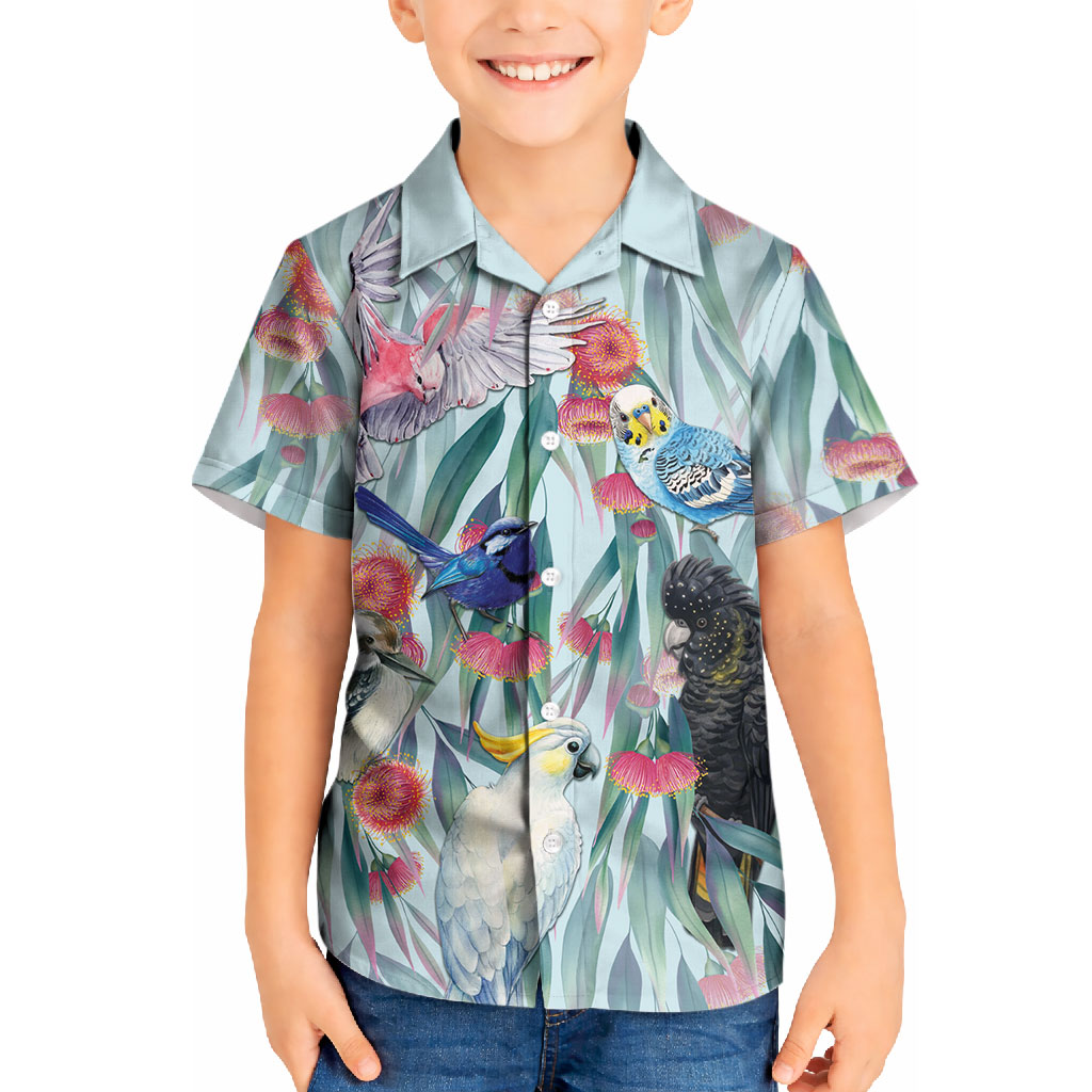 National Bird Week - Aussie Birds on Eucalyptus Kid Hawaiian Shirt Sky Blue