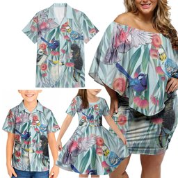 National Bird Week - Aussie Birds on Eucalyptus Family Matching Off Shoulder Short Dress and Hawaiian Shirt Sky Blue