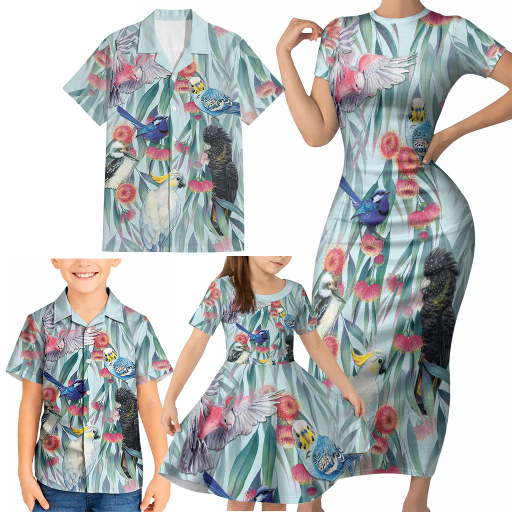 National Bird Week - Aussie Birds on Eucalyptus Family Matching Short Sleeve Bodycon Dress and Hawaiian Shirt Sky Blue