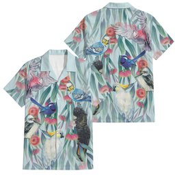 National Bird Week - Aussie Birds on Eucalyptus Family Matching Short Sleeve Bodycon Dress and Hawaiian Shirt Sky Blue