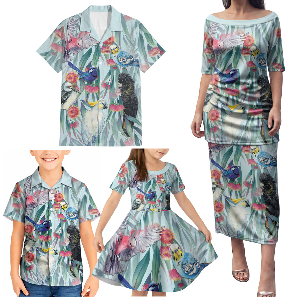 National Bird Week - Aussie Birds on Eucalyptus Family Matching Puletasi and Hawaiian Shirt Sky Blue