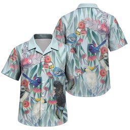 National Bird Week - Aussie Birds on Eucalyptus Family Matching Off The Shoulder Long Sleeve Dress and Hawaiian Shirt Sky Blue