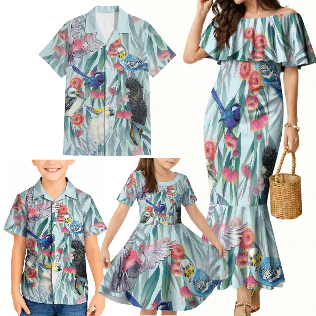 National Bird Week - Aussie Birds on Eucalyptus Family Matching Mermaid Dress and Hawaiian Shirt Sky Blue
