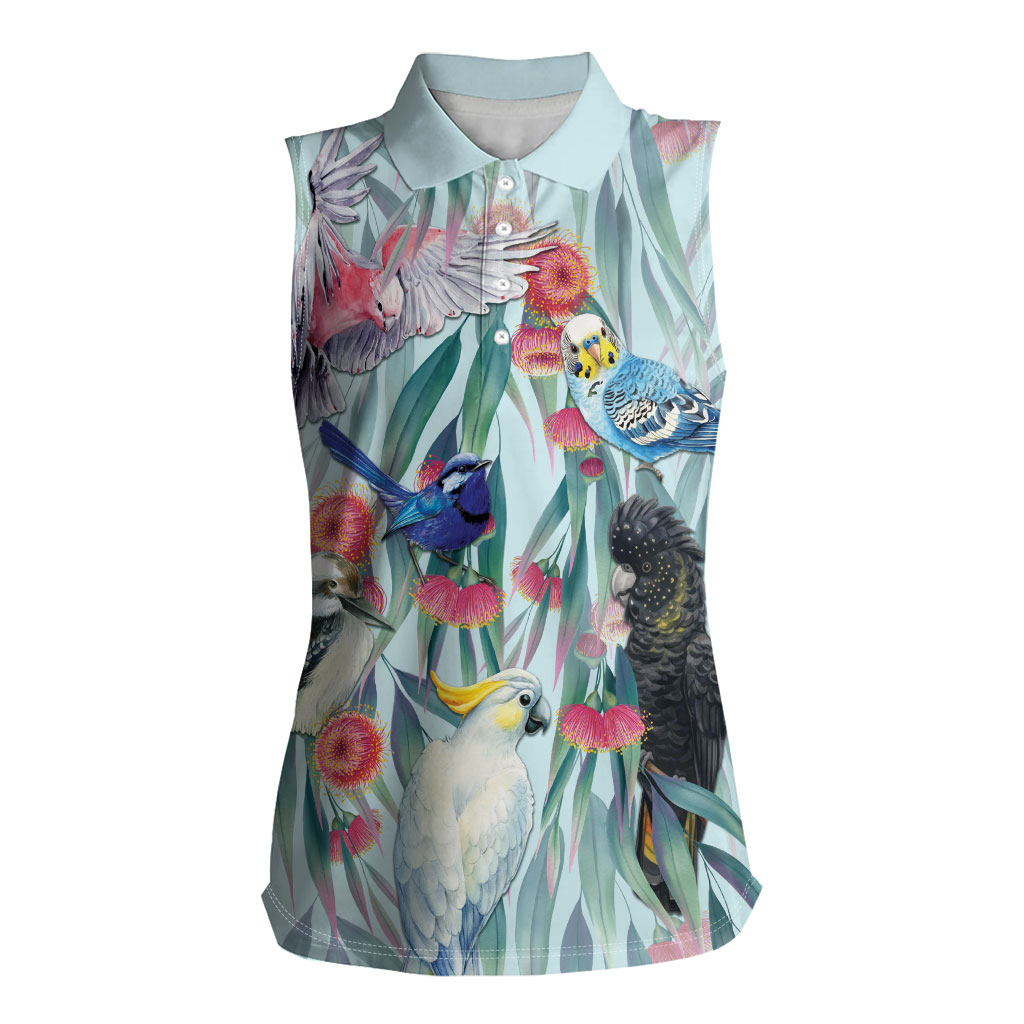 National Bird Week - Aussie Birds on Eucalyptus Women Sleeveless Polo Shirt Sky Blue