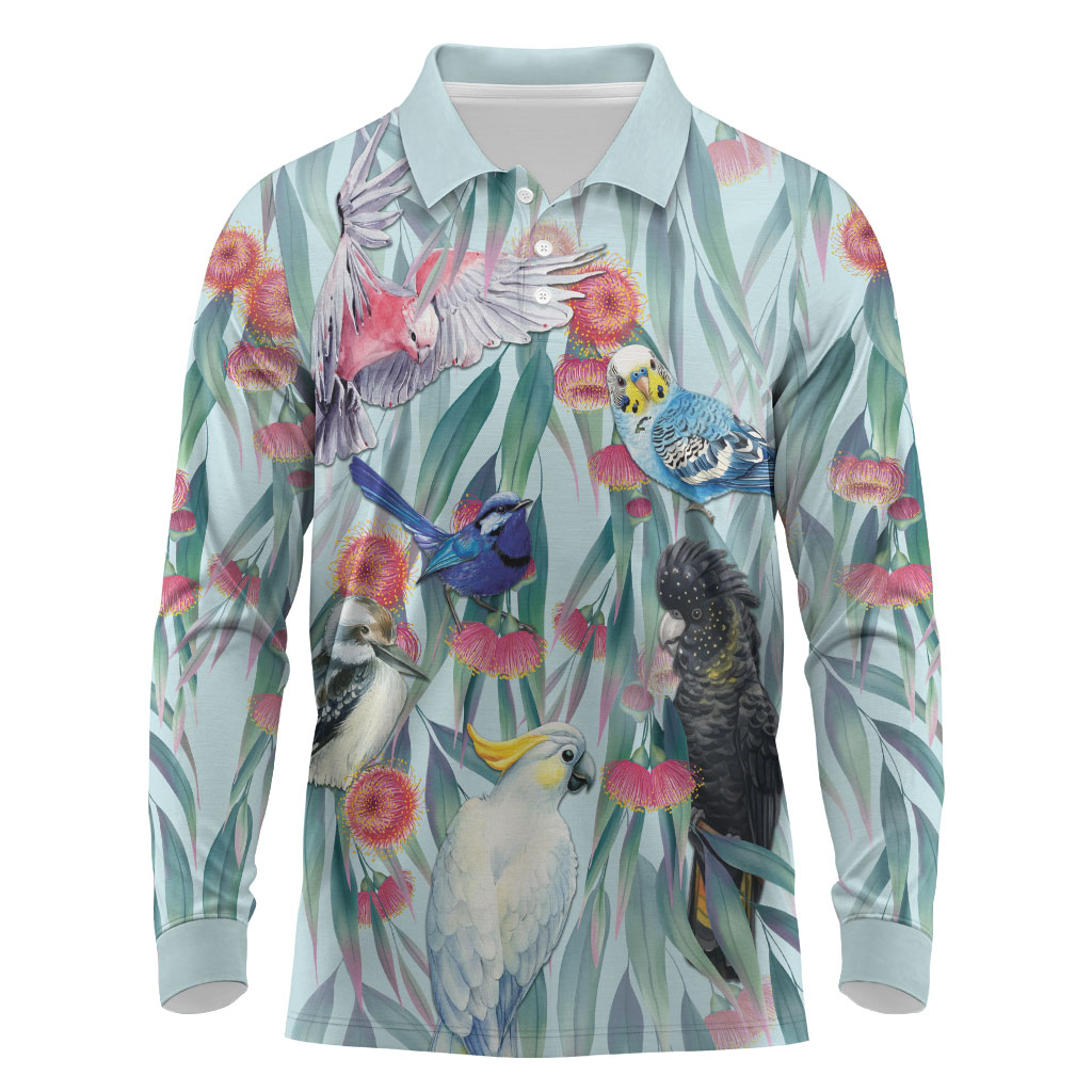 National Bird Week - Aussie Birds on Eucalyptus Long Sleeve Polo Shirt Sky Blue