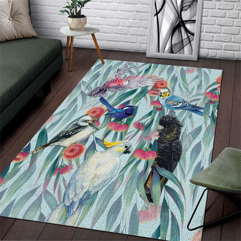 National Bird Week - Aussie Birds on Eucalyptus Area Rug Sky Blue