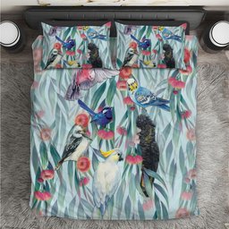 National Bird Week - Aussie Birds on Eucalyptus Bedding Set Sky Blue
