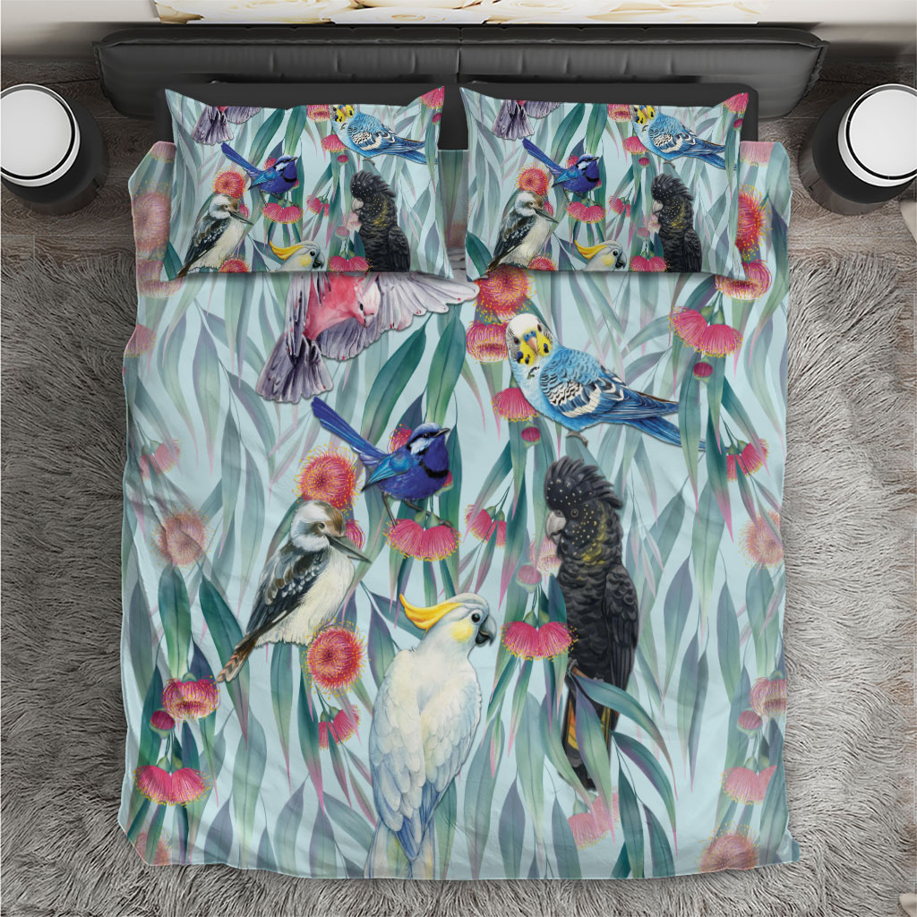 National Bird Week - Aussie Birds on Eucalyptus Bedding Set Sky Blue