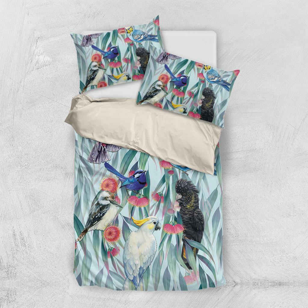 National Bird Week - Aussie Birds on Eucalyptus Bedding Set Sky Blue