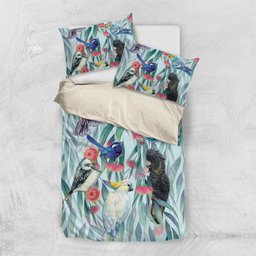 National Bird Week - Aussie Birds on Eucalyptus Bedding Set Sky Blue