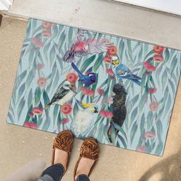 National Bird Week - Aussie Birds on Eucalyptus Rubber Doormat Sky Blue