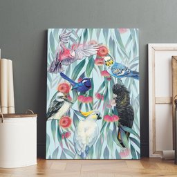 National Bird Week - Aussie Birds on Eucalyptus Canvas Wall Art Sky Blue