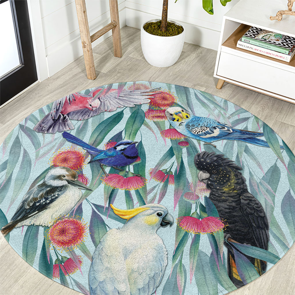 National Bird Week - Aussie Birds on Eucalyptus Round Carpet Sky Blue
