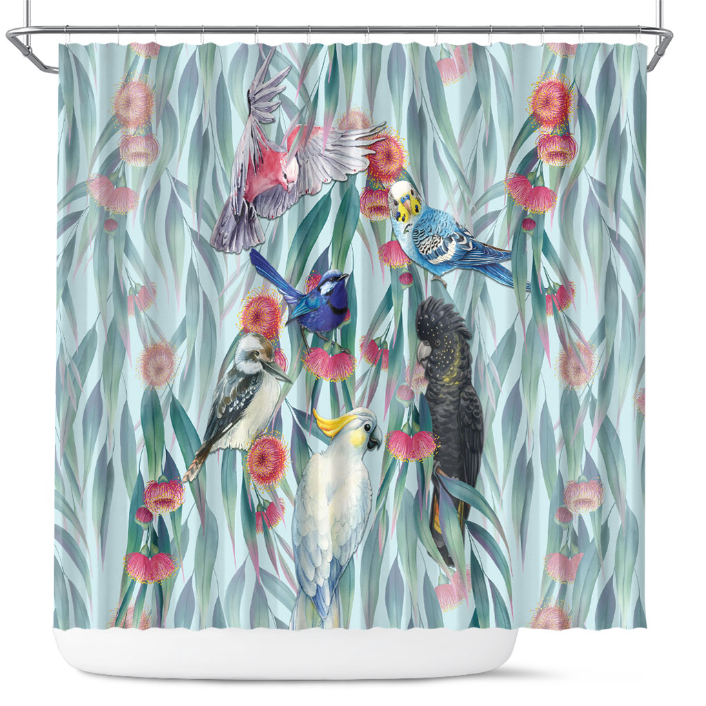 National Bird Week - Aussie Birds on Eucalyptus Shower Curtain Sky Blue