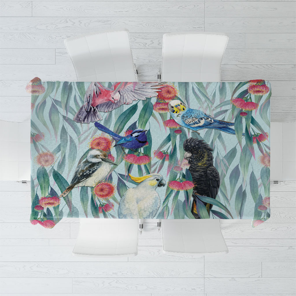 National Bird Week - Aussie Birds on Eucalyptus Tablecloth Sky Blue