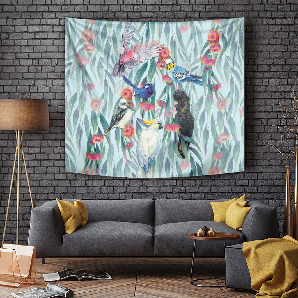 National Bird Week - Aussie Birds on Eucalyptus Tapestry Sky Blue