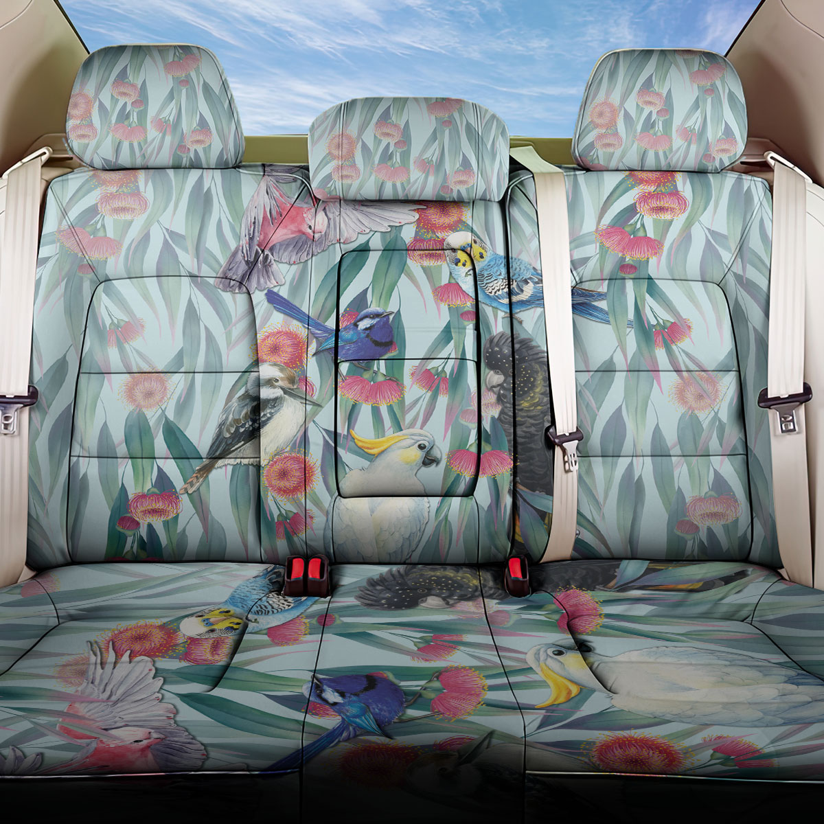 National Bird Week - Aussie Birds on Eucalyptus Back Car Seat Cover Sky Blue