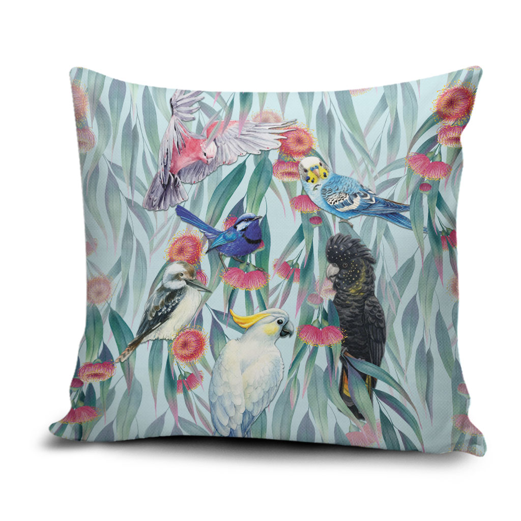 National Bird Week - Aussie Birds on Eucalyptus Pillow Cover Sky Blue