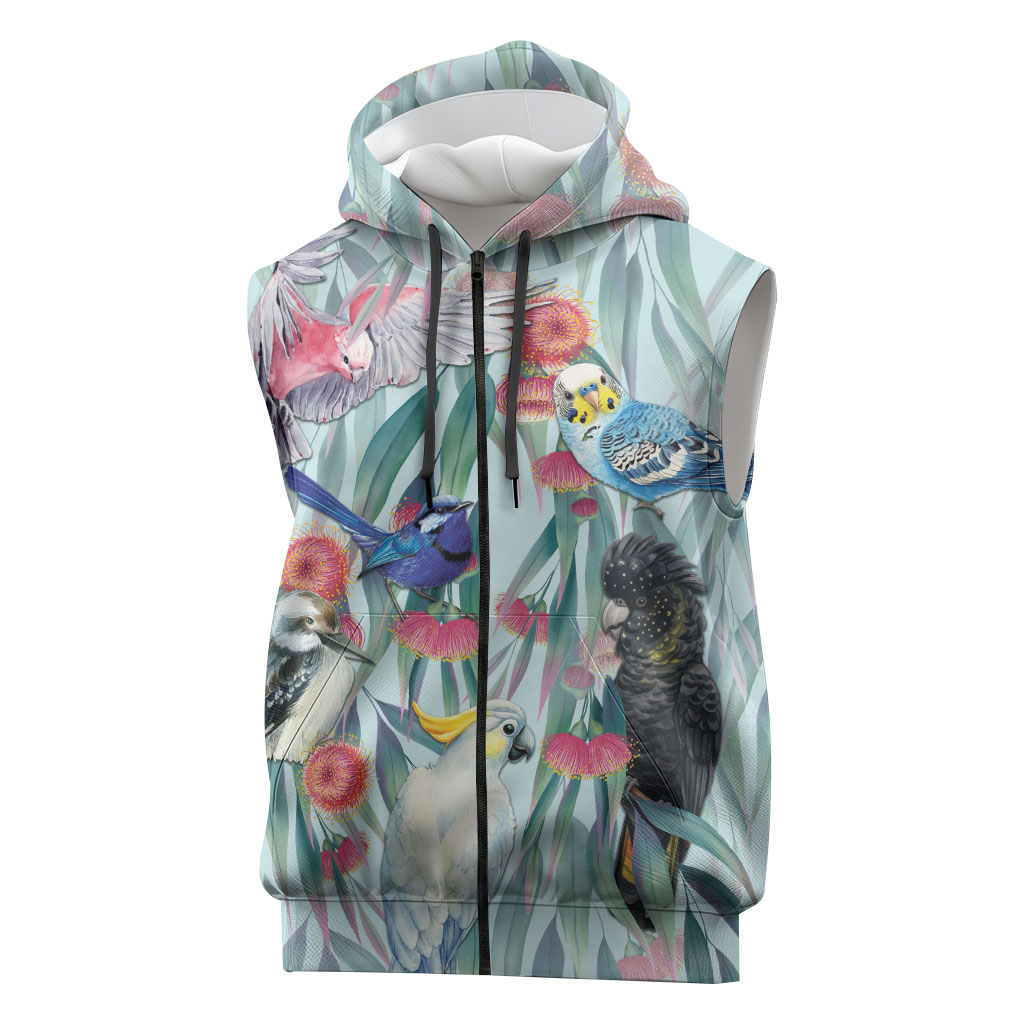 National Bird Week - Aussie Birds on Eucalyptus Sleeveless Zip Hoodie Sky Blue