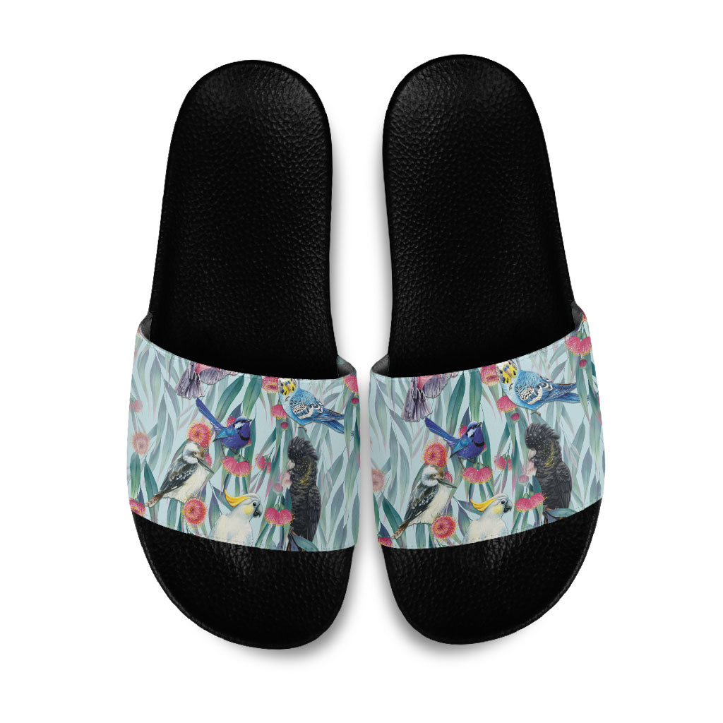 National Bird Week - Aussie Birds on Eucalyptus Slide Sandals Sky Blue