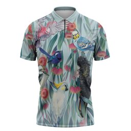 National Bird Week - Aussie Birds on Eucalyptus Zipper Polo Shirt Sky Blue