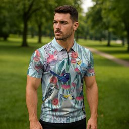 National Bird Week - Aussie Birds on Eucalyptus Zipper Polo Shirt Sky Blue