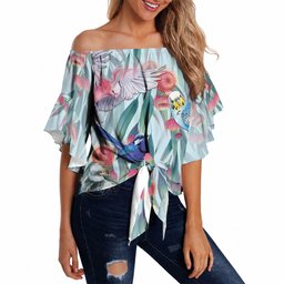 National Bird Week - Aussie Birds on Eucalyptus Off Shoulder Wrap Waist Top Sky Blue