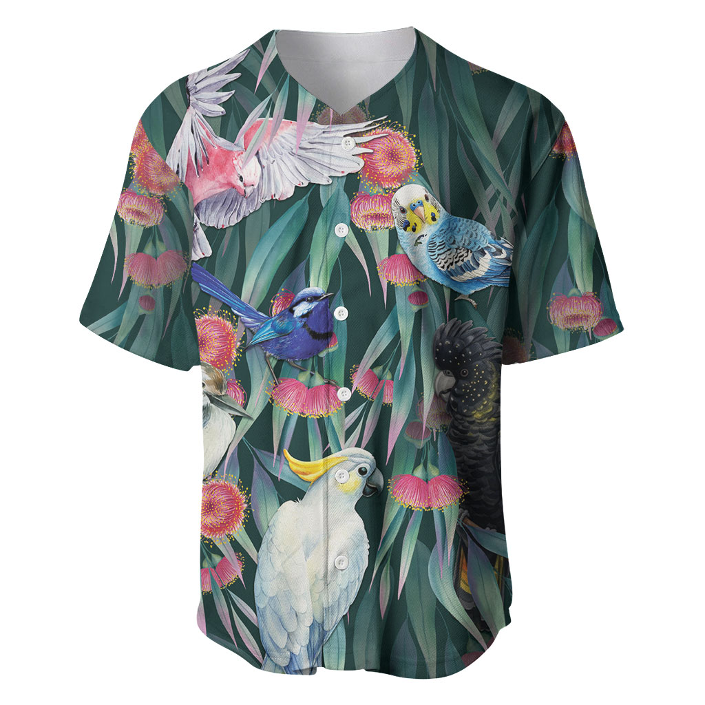 Australia Native Birds on Eucalyptus Baseball Jersey Dark Teal
