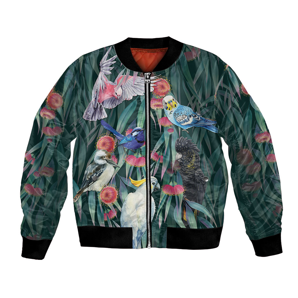 Australia Native Birds on Eucalyptus Bomber Jacket Dark Teal