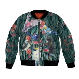 Australia Native Birds on Eucalyptus Bomber Jacket Dark Teal