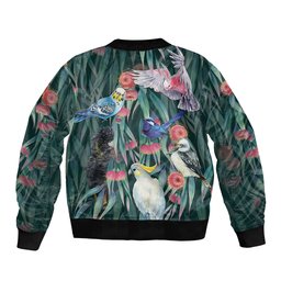 Australia Native Birds on Eucalyptus Bomber Jacket Dark Teal