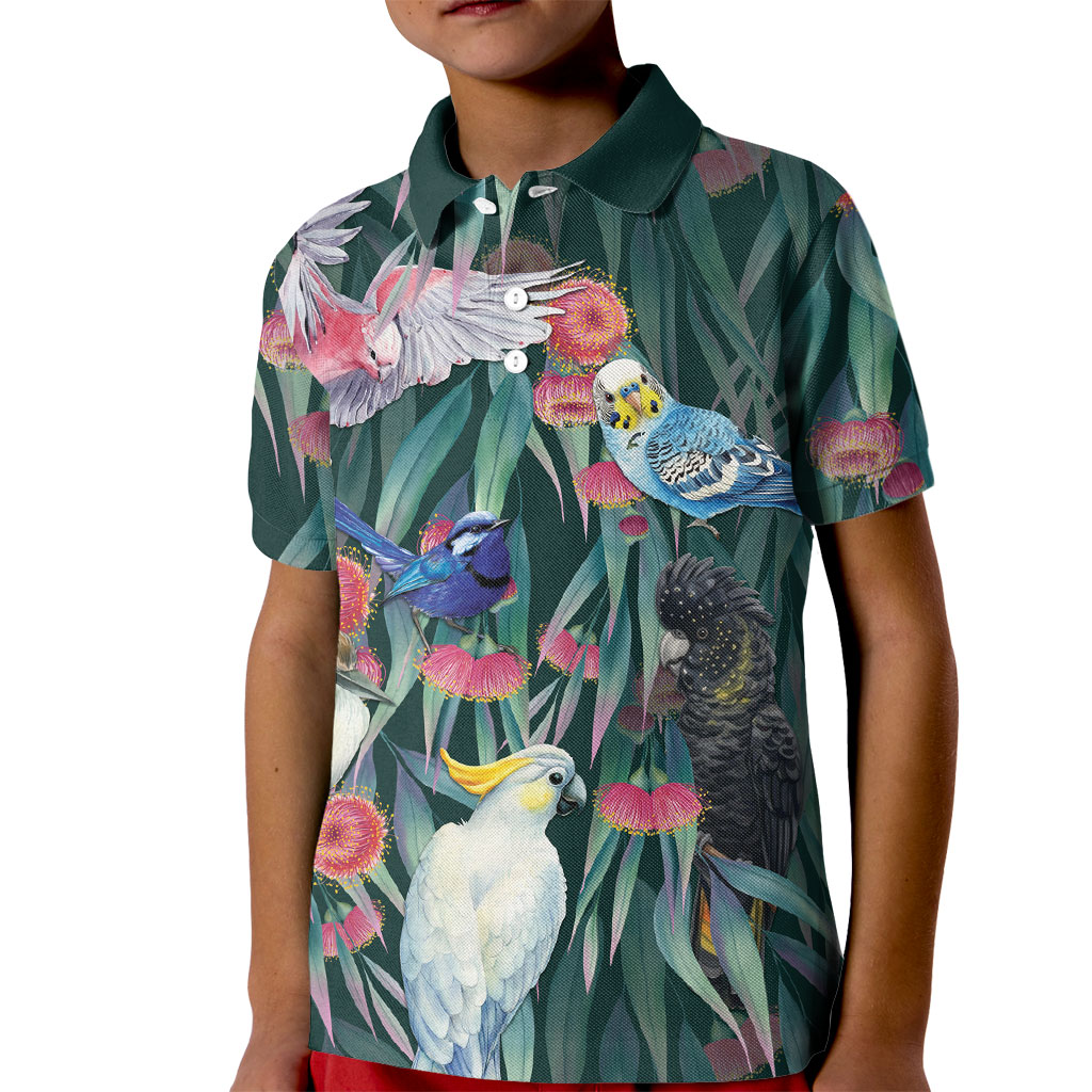 Australia Native Birds on Eucalyptus Kid Polo Shirt Dark Teal