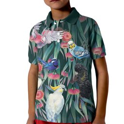 Australia Native Birds on Eucalyptus Kid Polo Shirt Dark Teal