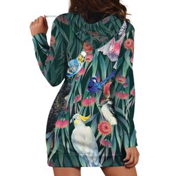 Australia Native Birds on Eucalyptus Hoodie Dress Dark Teal