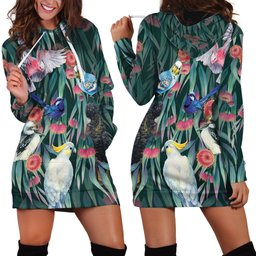 Australia Native Birds on Eucalyptus Hoodie Dress Dark Teal