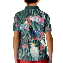 Australia Native Birds on Eucalyptus Kid Polo Shirt Dark Teal