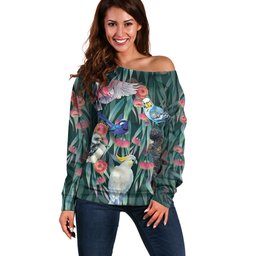 Australia Native Birds on Eucalyptus Off Shoulder Sweater Dark Teal