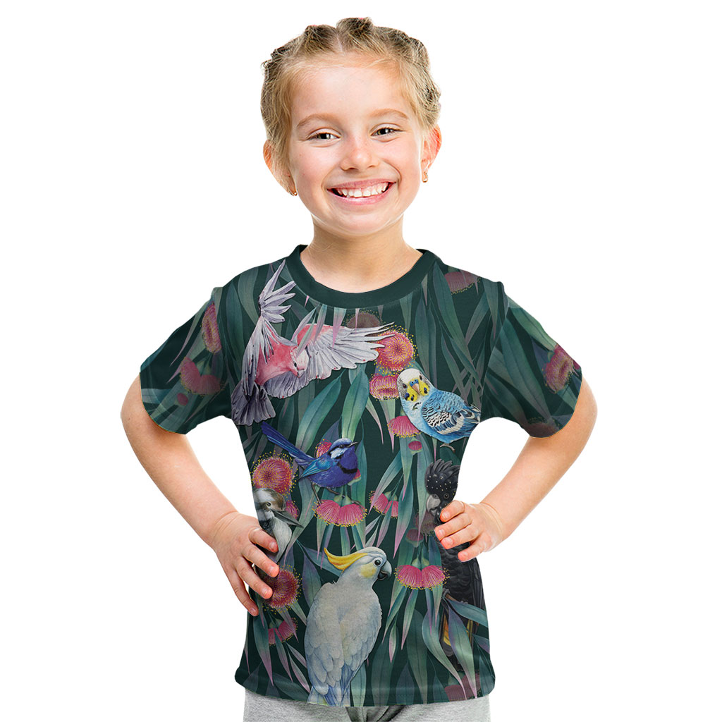 Australia Native Birds on Eucalyptus Kid T Shirt Dark Teal