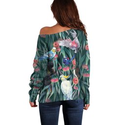 Australia Native Birds on Eucalyptus Off Shoulder Sweater Dark Teal