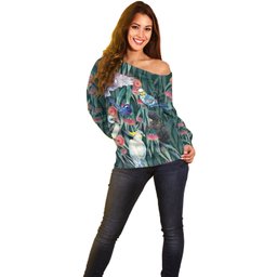 Australia Native Birds on Eucalyptus Off Shoulder Sweater Dark Teal