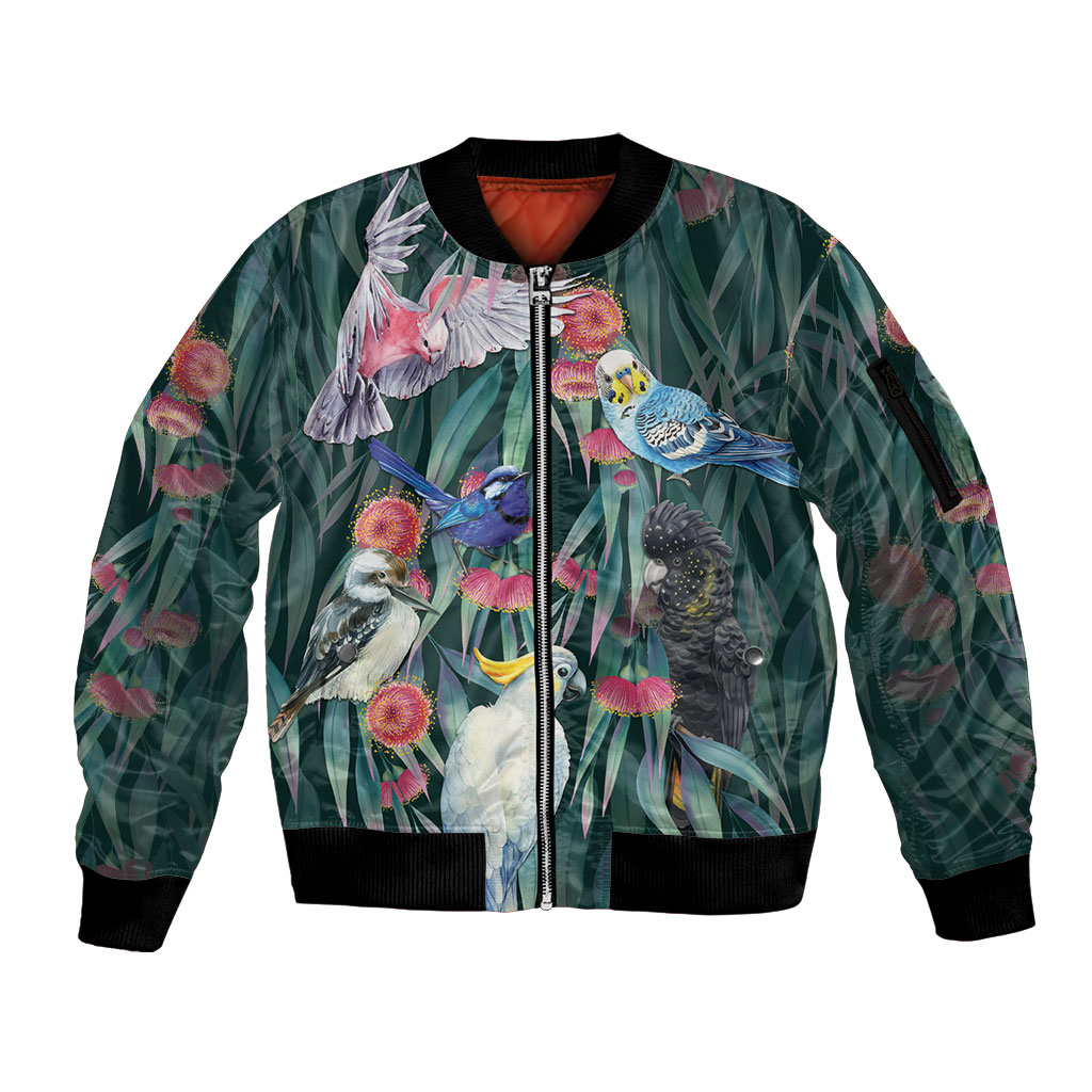 Australia Native Birds on Eucalyptus Sleeve Zip Bomber Jacket Dark Teal