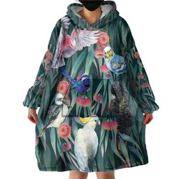 Australia Native Birds on Eucalyptus Wearable Blanket Hoodie Dark Teal