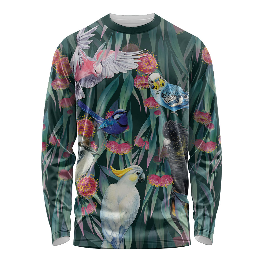 Australia Native Birds on Eucalyptus Long Sleeve Shirt Dark Teal