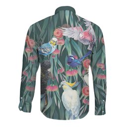 Australia Native Birds on Eucalyptus Long Sleeve Button Shirt Dark Teal