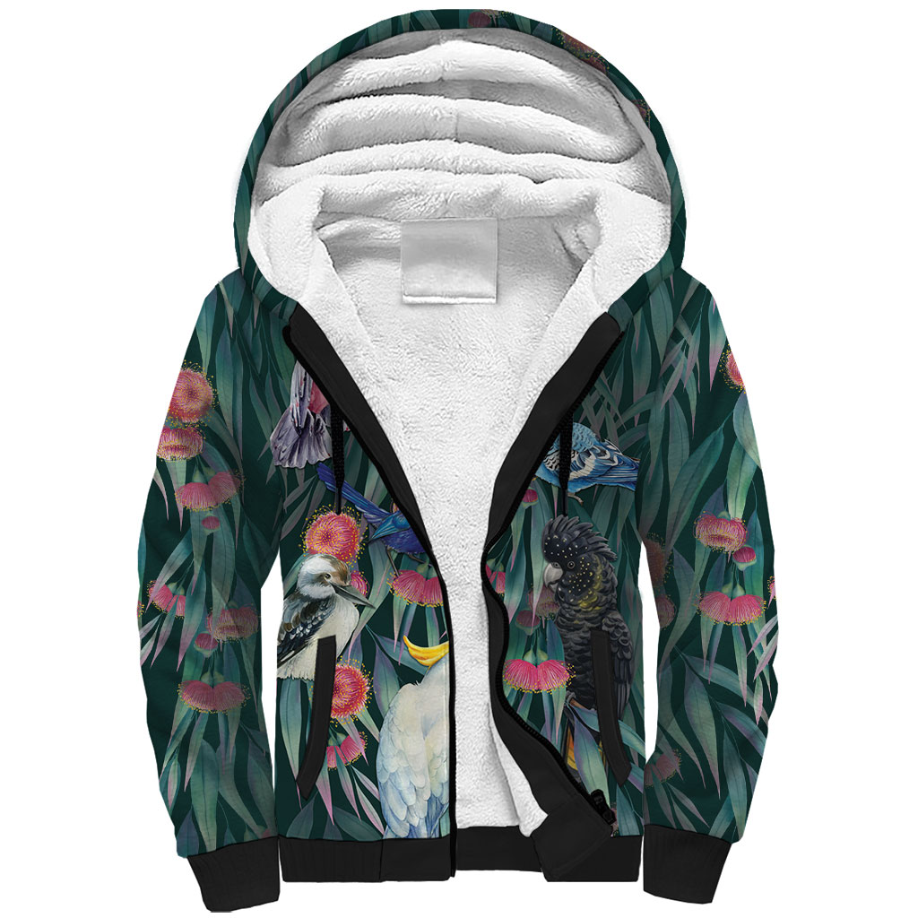 Australia Native Birds on Eucalyptus Sherpa Hoodie Dark Teal