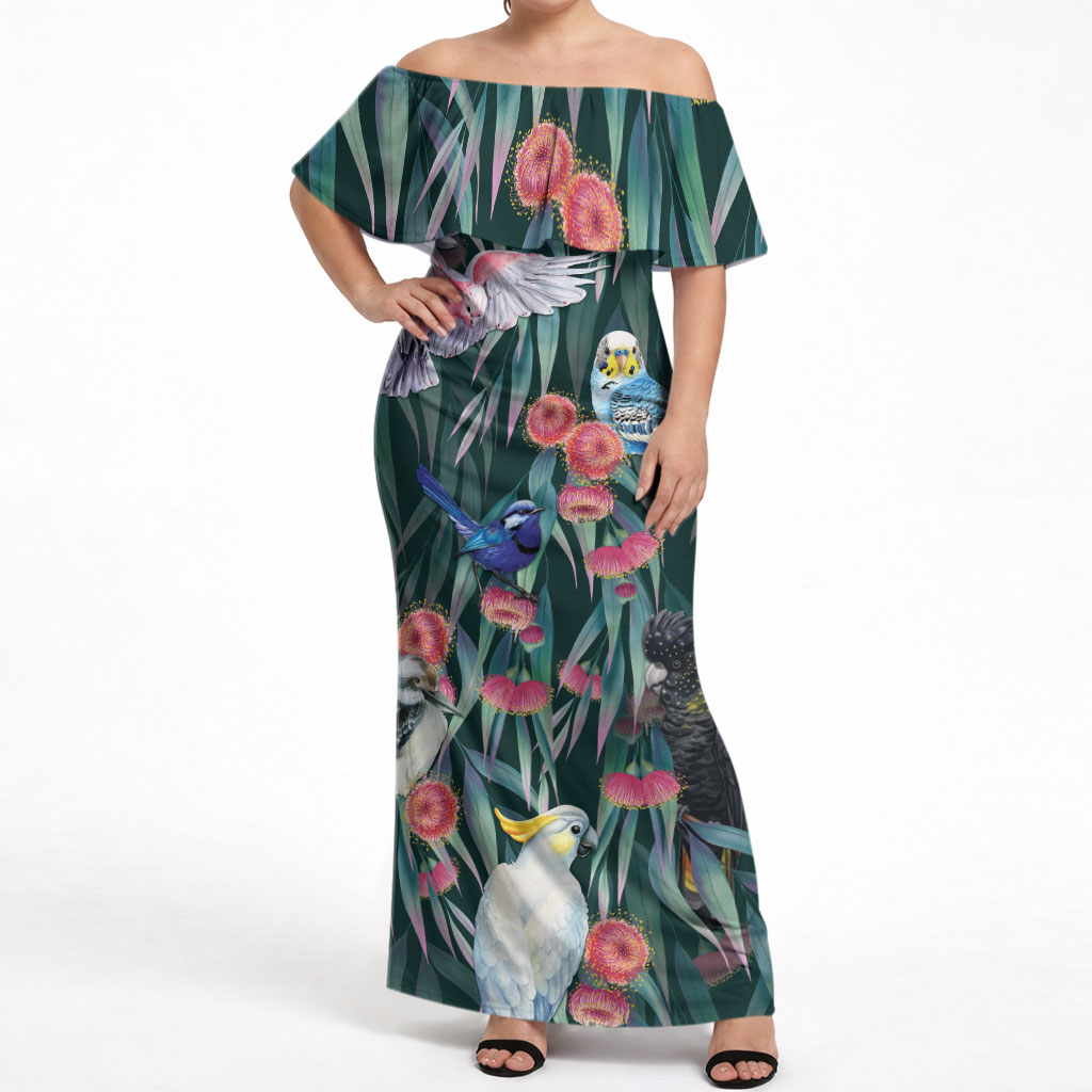 Australia Native Birds on Eucalyptus Off Shoulder Maxi Dress Dark Teal