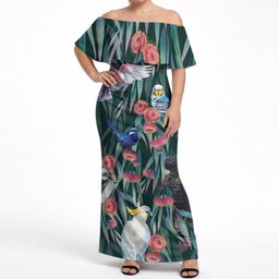 Australia Native Birds on Eucalyptus Off Shoulder Maxi Dress Dark Teal